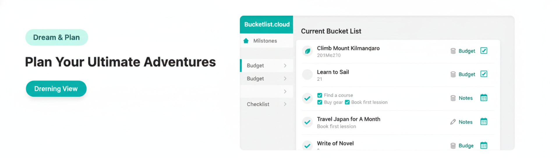 Screenshot of the Bucketlist.cloud planning view